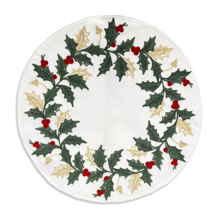 Holiday Embroidered White and Gold Fabric Placemats Set of 4