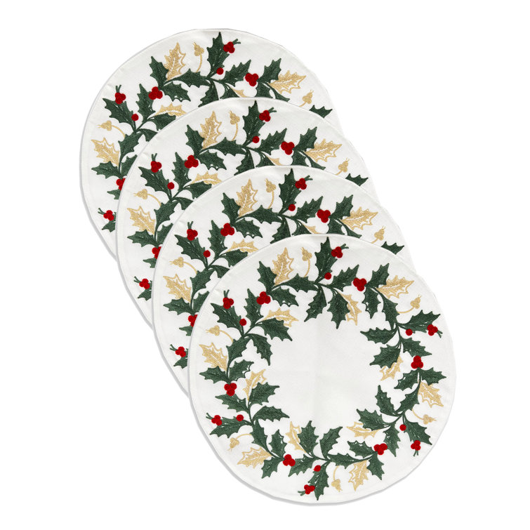 Holiday Embroidered White and Gold Fabric Placemats Set of 4