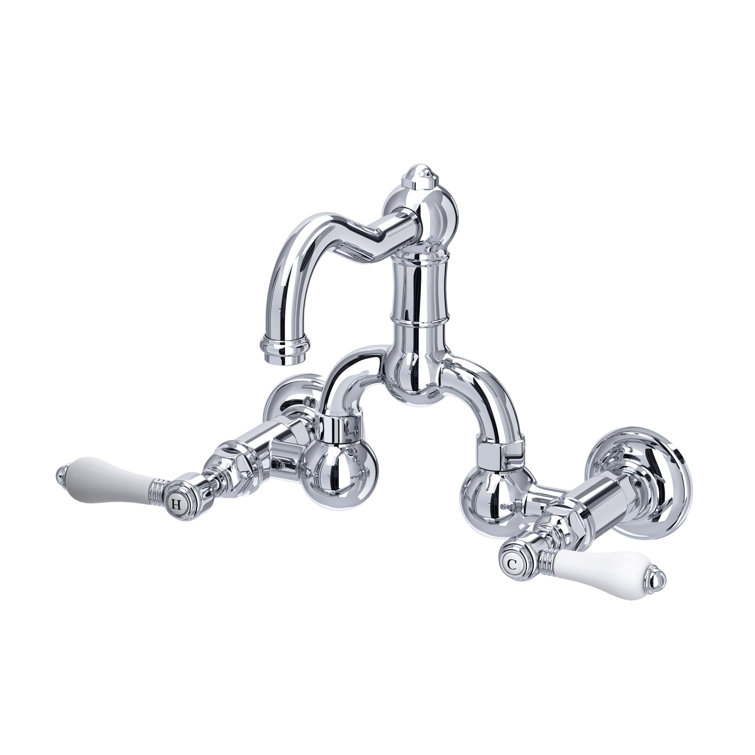 Polished Nickel Wall Mounted Widespread Faucet with Porcelain Handles