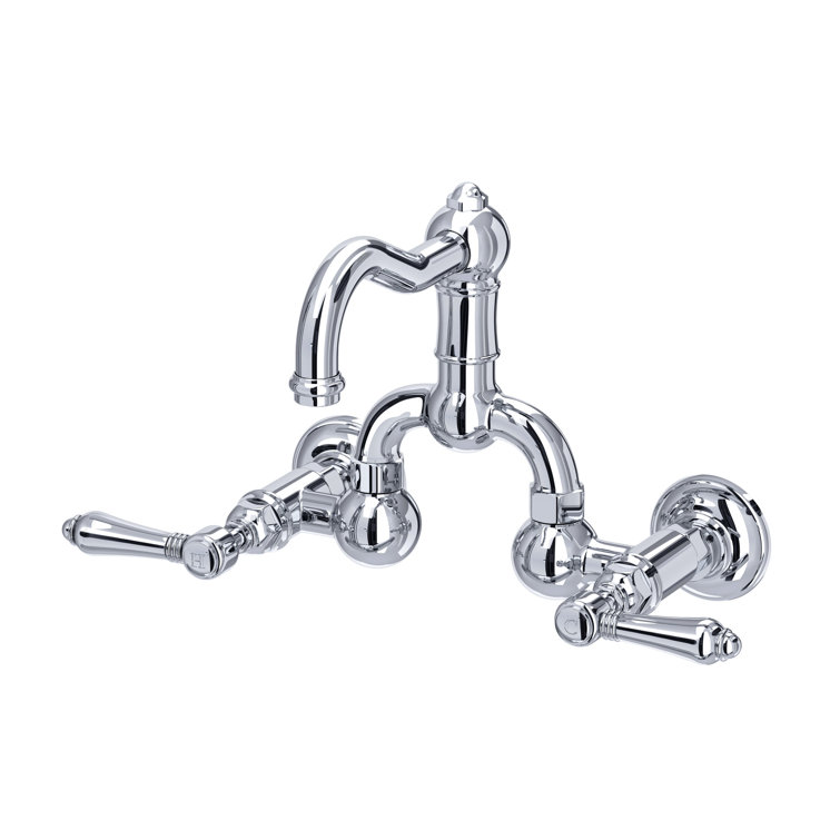 Polished Nickel Wall Mounted Widespread Faucet with Porcelain Handles