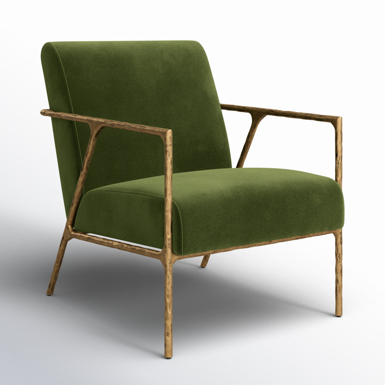 Olive Green Velvet Armchair with Hammered Brass Frame