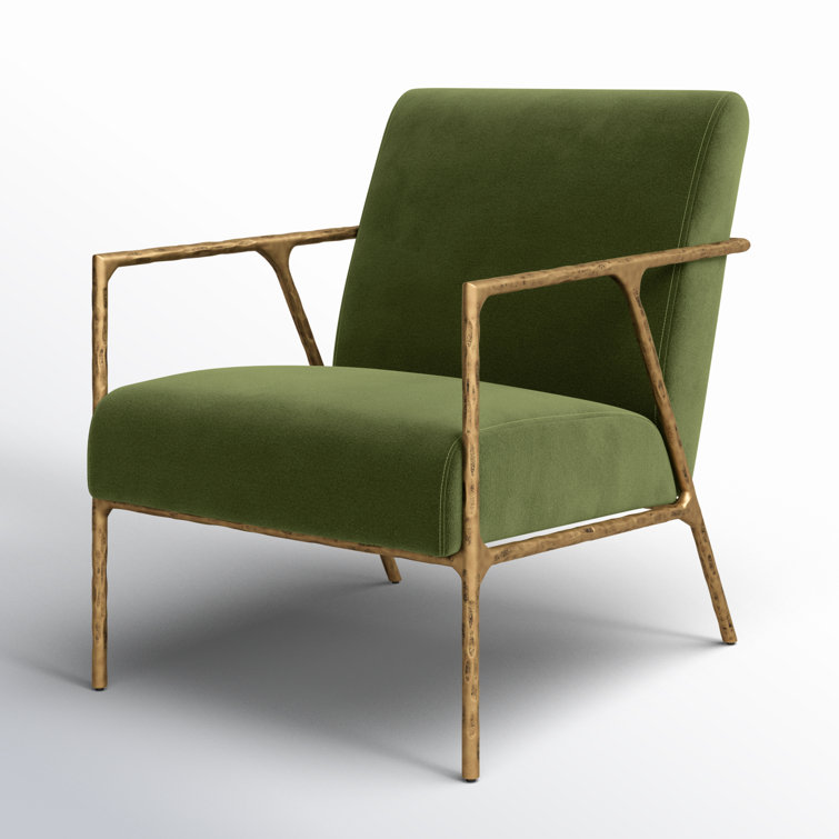 Olive Green Velvet Armchair with Hammered Brass Frame