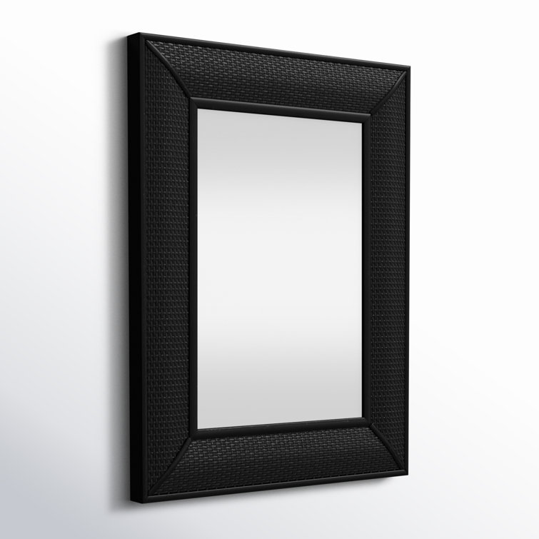 Black Rectangular Wood Wall Mirror with Rattan Detail
