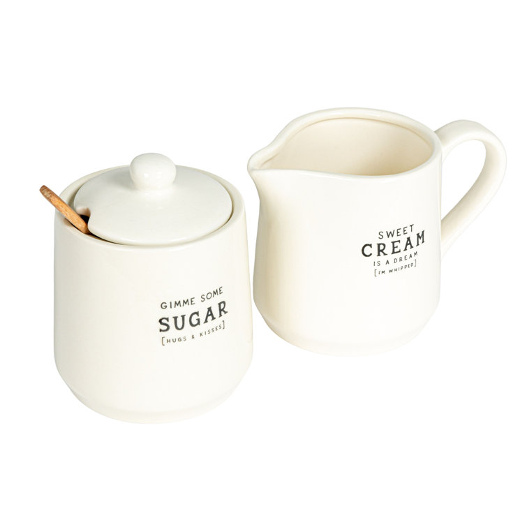 White Stoneware Creamer and Sugar Pot Set with Spoon