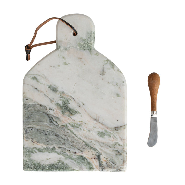 12" Green Marble and Mango Wood Cutting Board with Knife