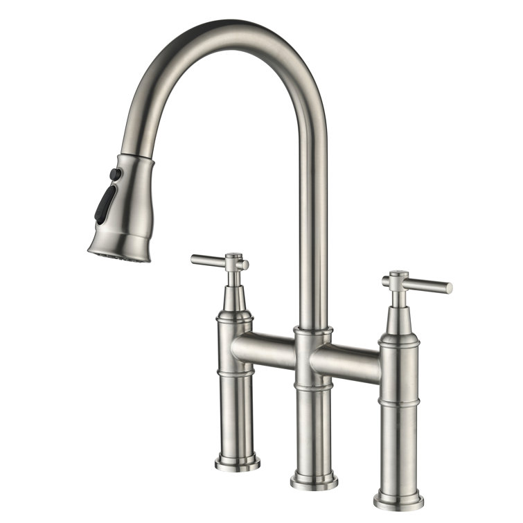 Brushed Nickel Bridge Kitchen Faucet with Pull-out Spray