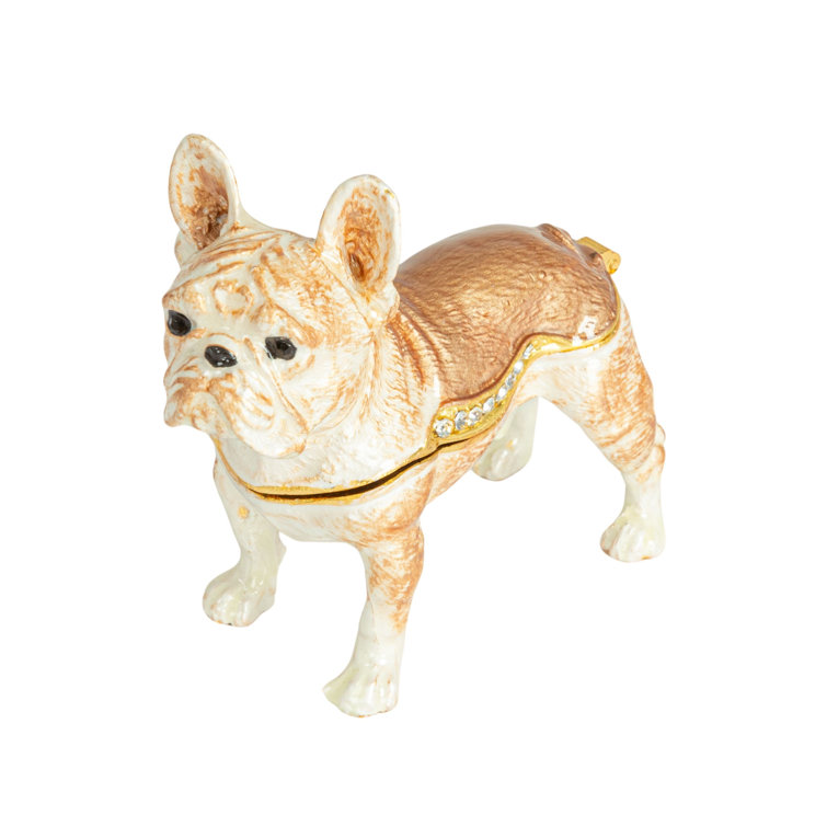 Brown and White Enameled Metal French Bulldog Trinket Box with Gold Accents