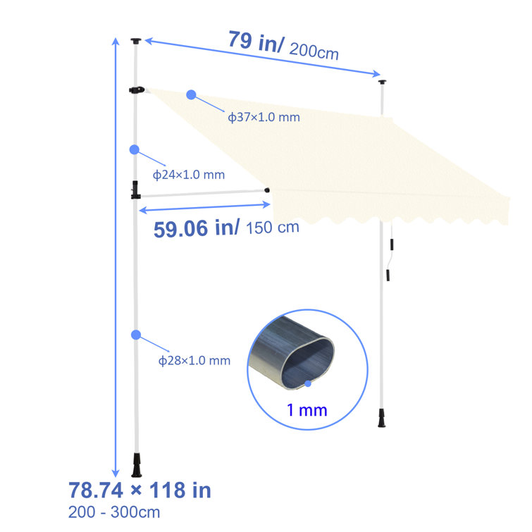 Beige Aluminum Manual Retractable Awning for Patio, 118" x 79"
