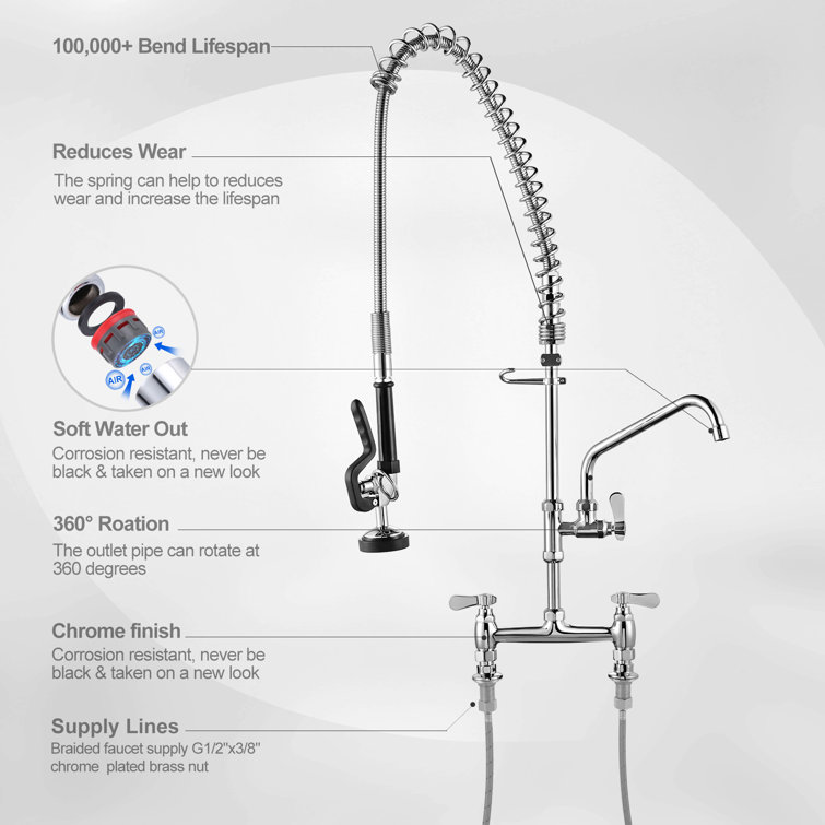Commercial Chrome Triple Handle Pull Down Kitchen Faucet with Pre-Rinse Sprayer