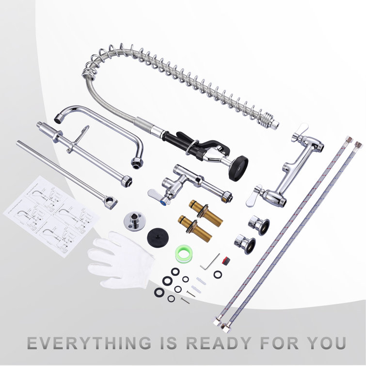 Commercial Chrome Triple Handle Pull Down Kitchen Faucet with Pre-Rinse Sprayer