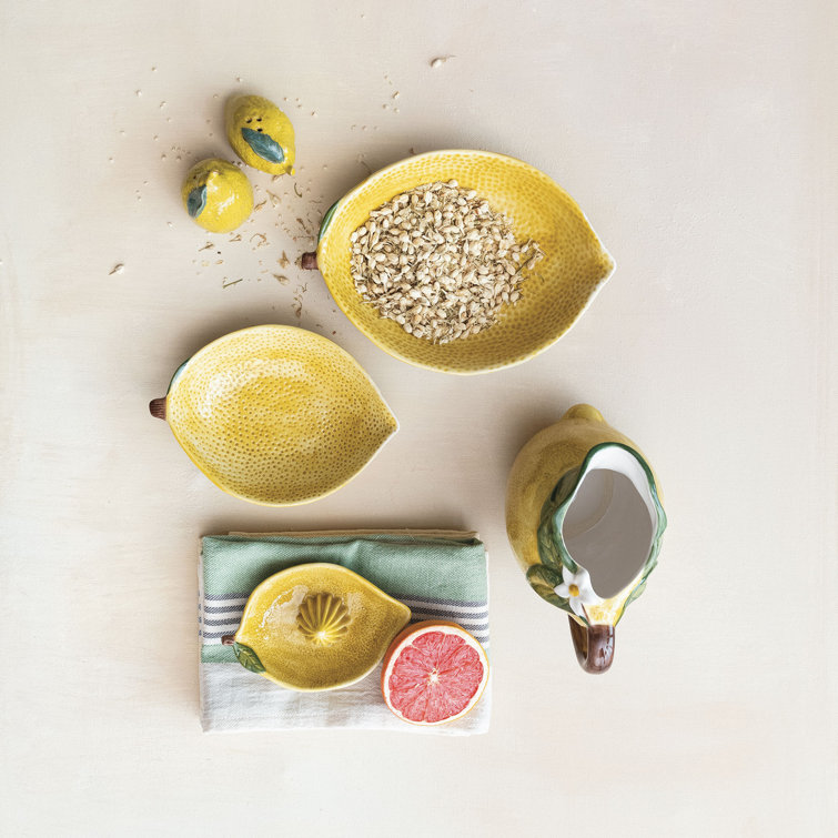 Yellow and Green Stoneware Lemon Shaped Citrus Juicer