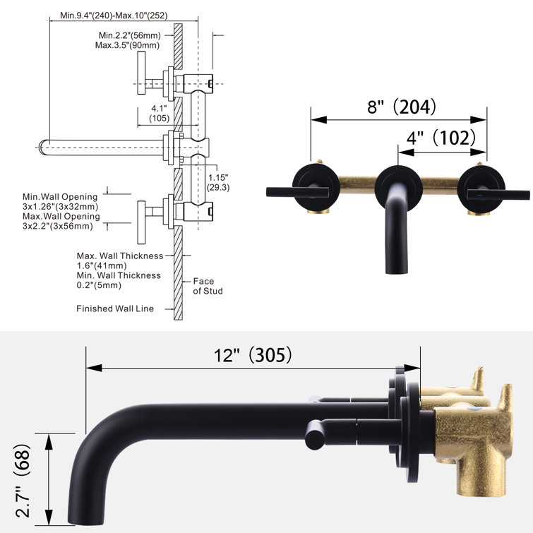 Matte Black Brass Wall Mounted Roman Tub Faucet with Lever Handles