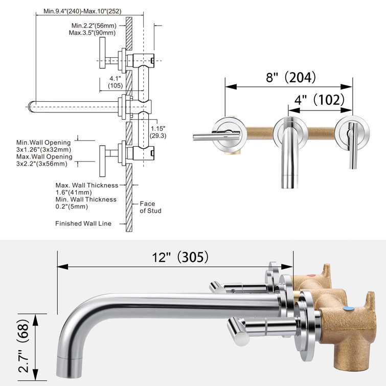 Chrome Double Handle Wall Mounted Tub Faucet