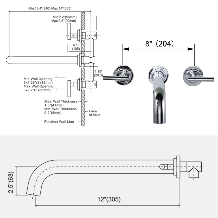 Chrome Double Handle Wall Mounted Roman Tub Faucet
