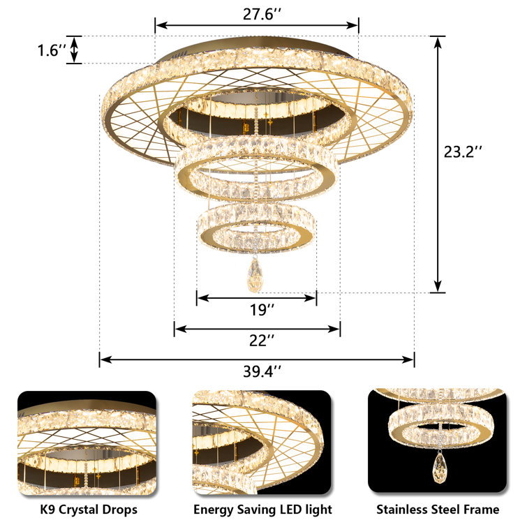 Luxurious Gold Crystal Large Flush Mount Chandelier with Remote