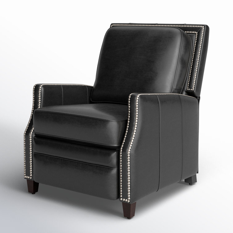 Black Leather Recliner with Wood Legs and Nailhead Trim