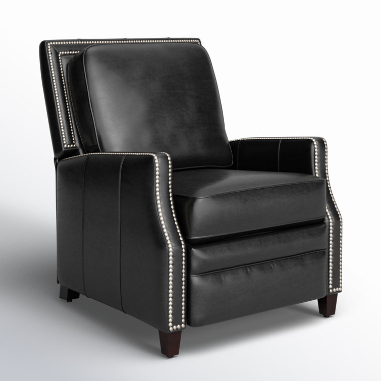 Black Leather Recliner with Wood Legs and Nailhead Trim