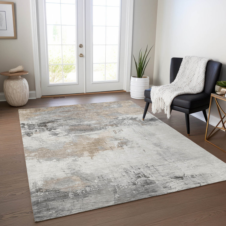 Ivory Abstract Synthetic 5' x 7' Washable Area Rug