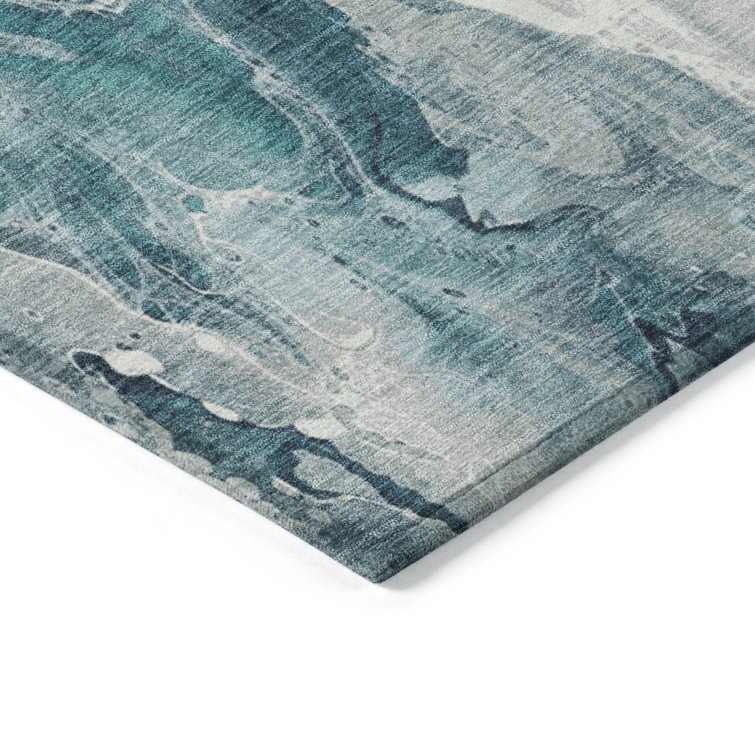 Teal Abstract Watercolor Machine Washable Indoor/Outdoor Rug