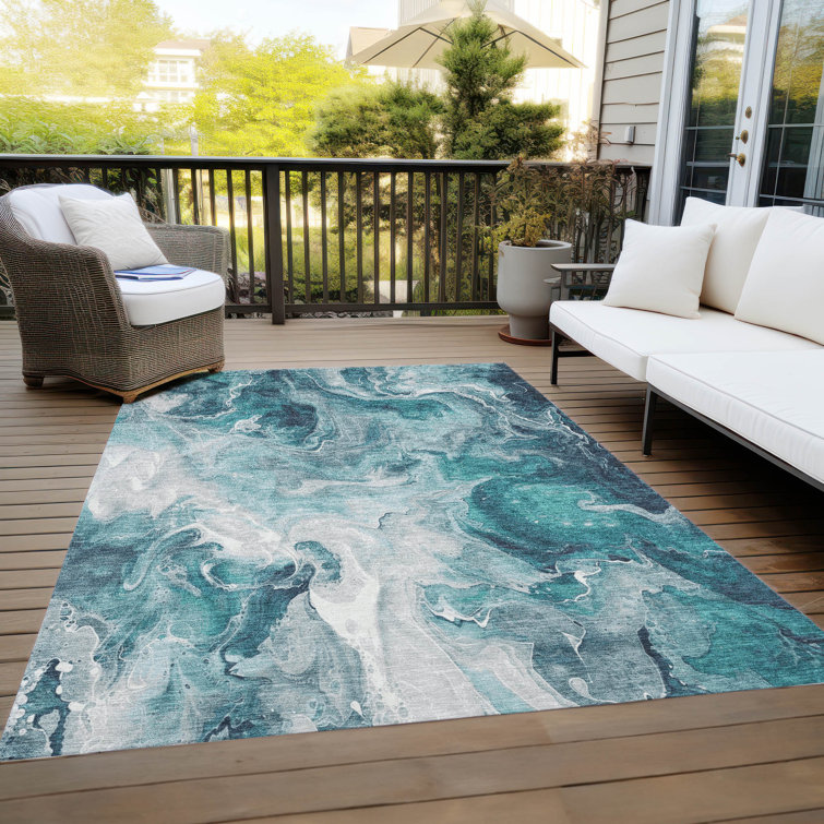 Teal Abstract Watercolor Machine Washable Indoor/Outdoor Rug