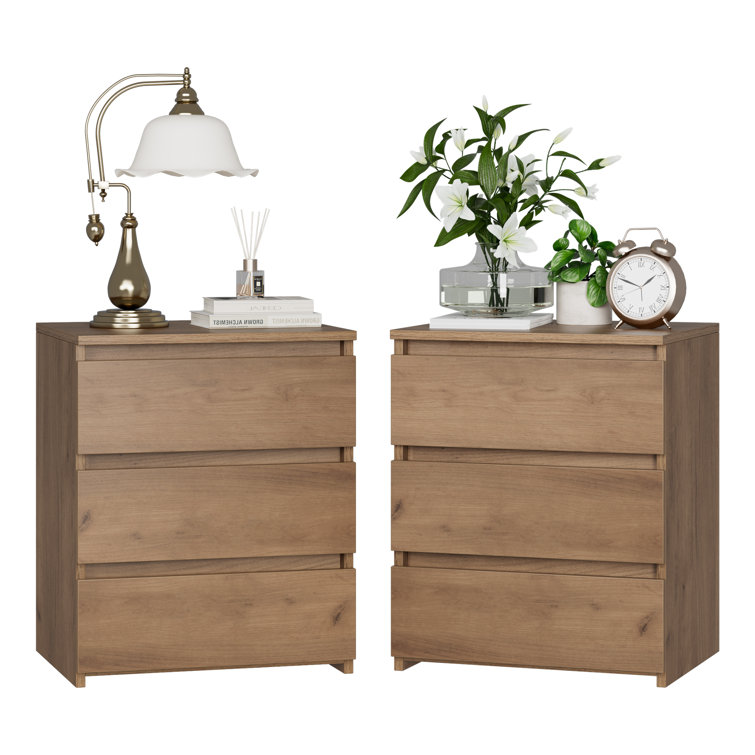 Brown Manufactured Wood 3-Drawer Nightstand Set of 2