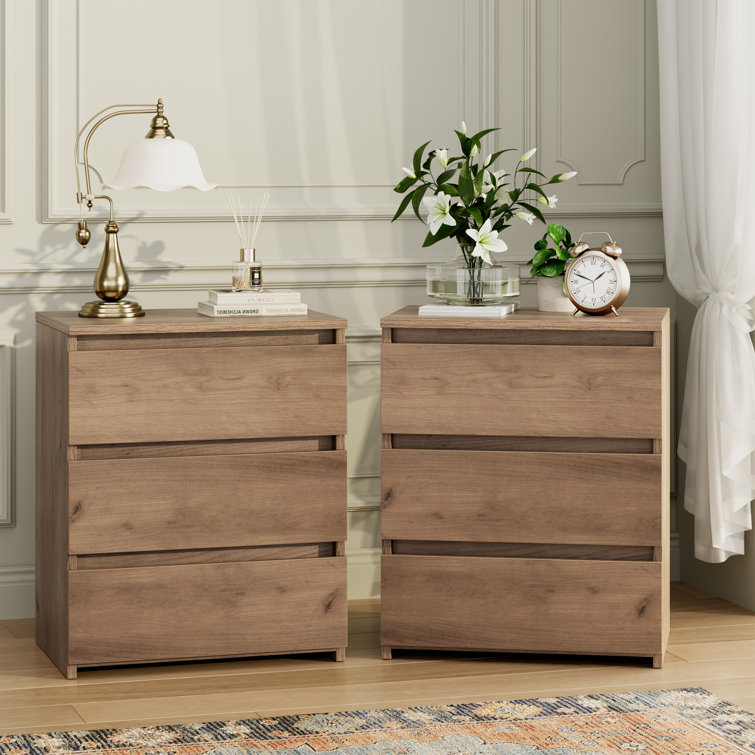 Brown Manufactured Wood 3-Drawer Nightstand Set of 2