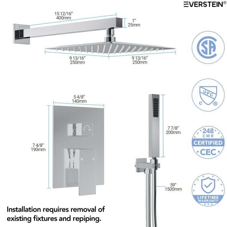 Chrome Dual Square Rain Shower System with Handheld Spray
