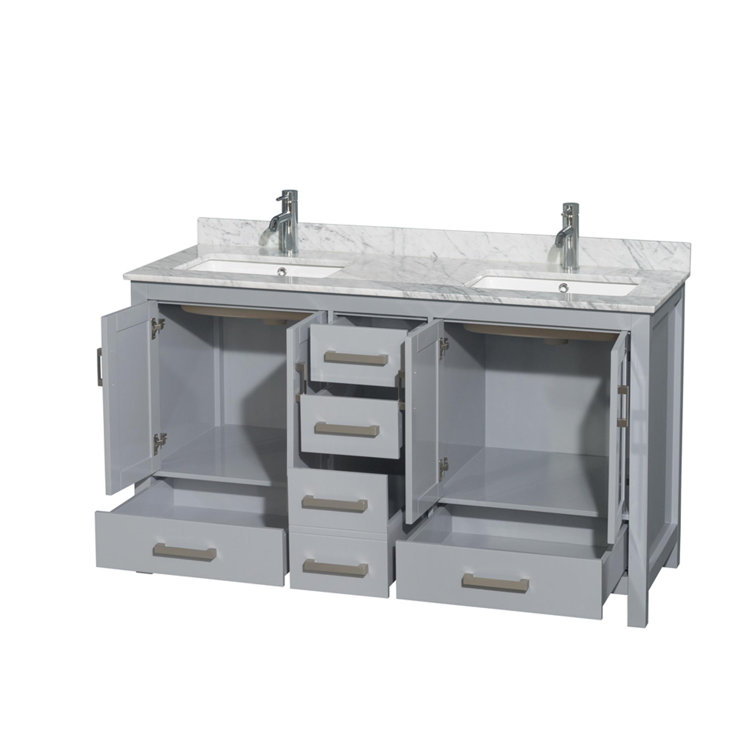 Sheffield 60'' Gray Double Freestanding Bathroom Vanity with White Carrara Stone Top
