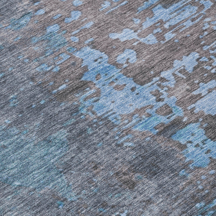 Teal and Gray Flat Woven Synthetic Washable Rug