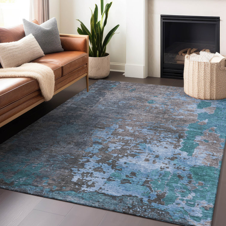 Teal and Gray Flat Woven Synthetic Washable Rug