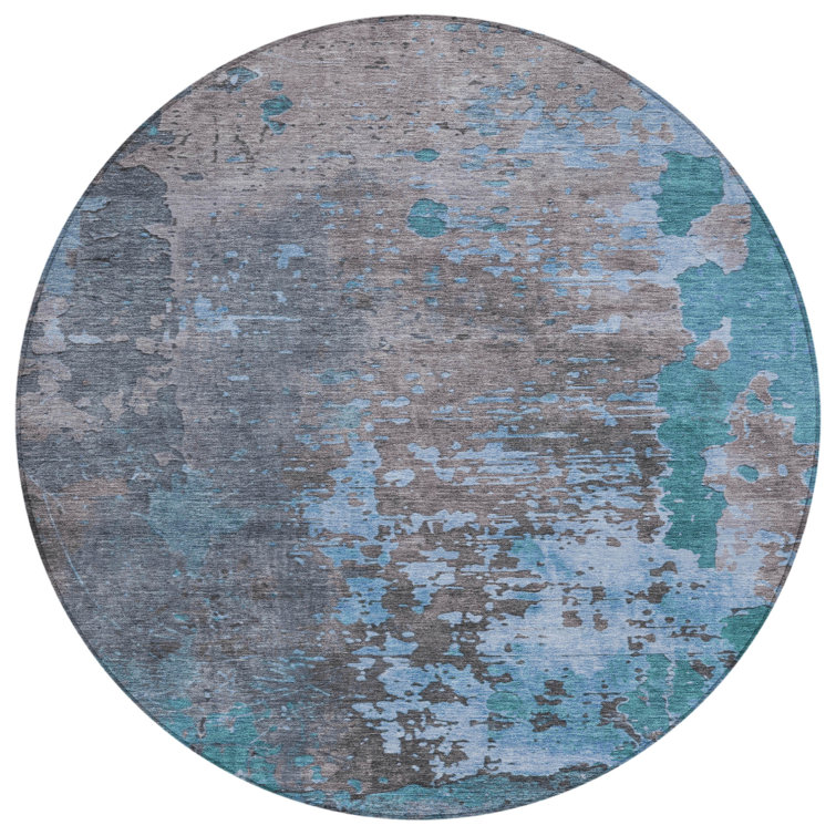 Teal and Gray Round Washable Synthetic Rug, 8'