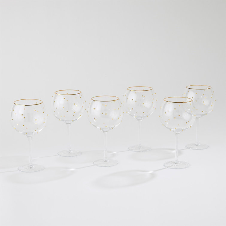 Set of 6 Clear Glass Goblets with Gold Dots and Rim
