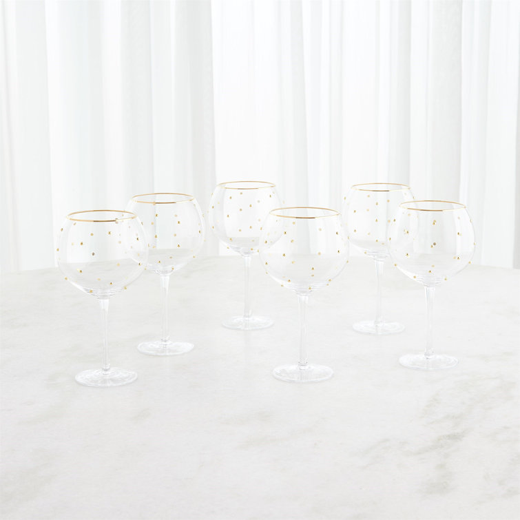 Set of 6 Clear Glass Goblets with Gold Dots and Rim