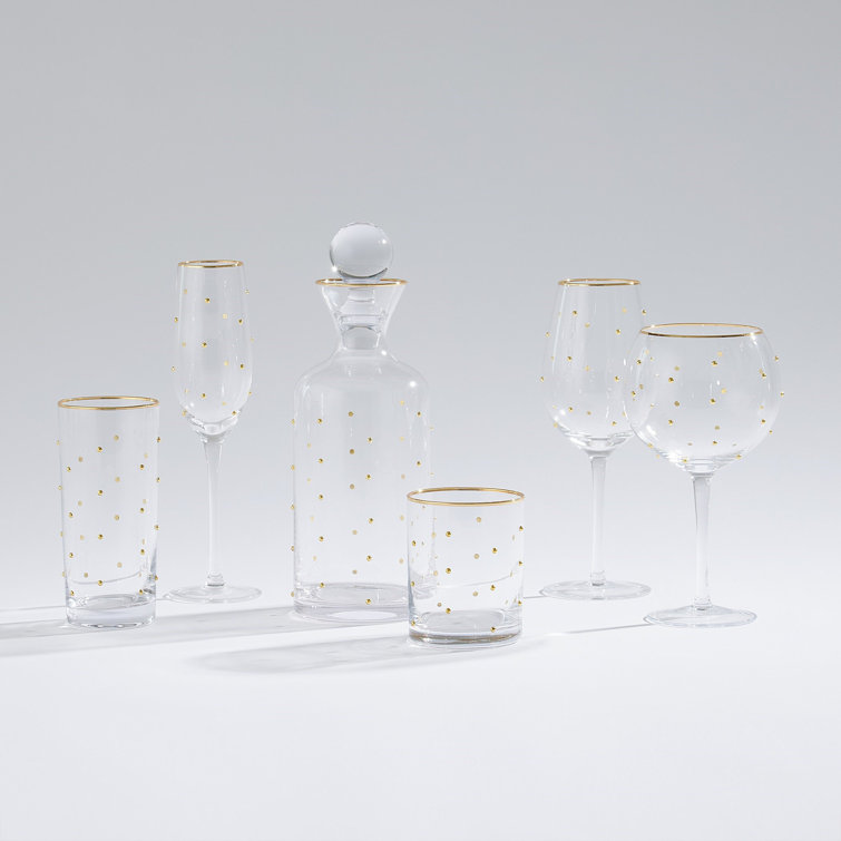 Set of 6 Clear Glass Goblets with Gold Dots and Rim
