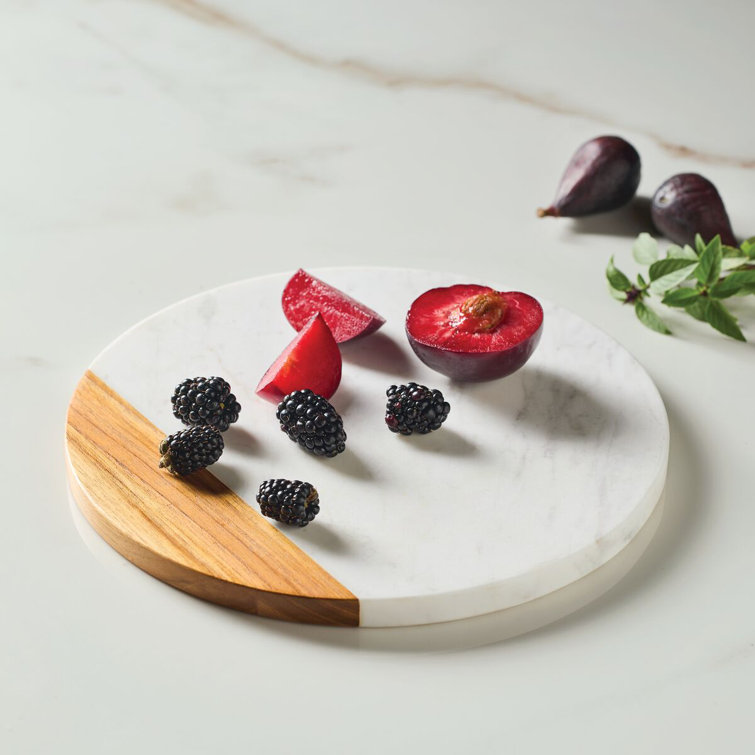 White Marble and Teakwood Round Serving Board, 10-Inch