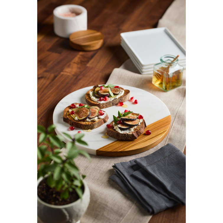 White Marble and Teakwood Round Serving Board, 10-Inch