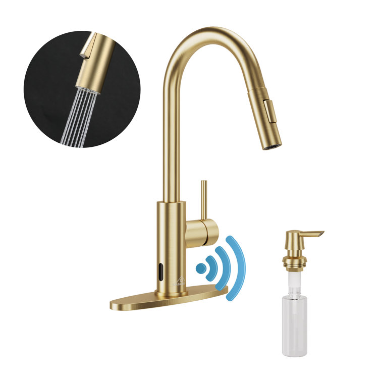 Brushed Gold Stainless Steel Pull-Down Kitchen Faucet with Infrared Sensor