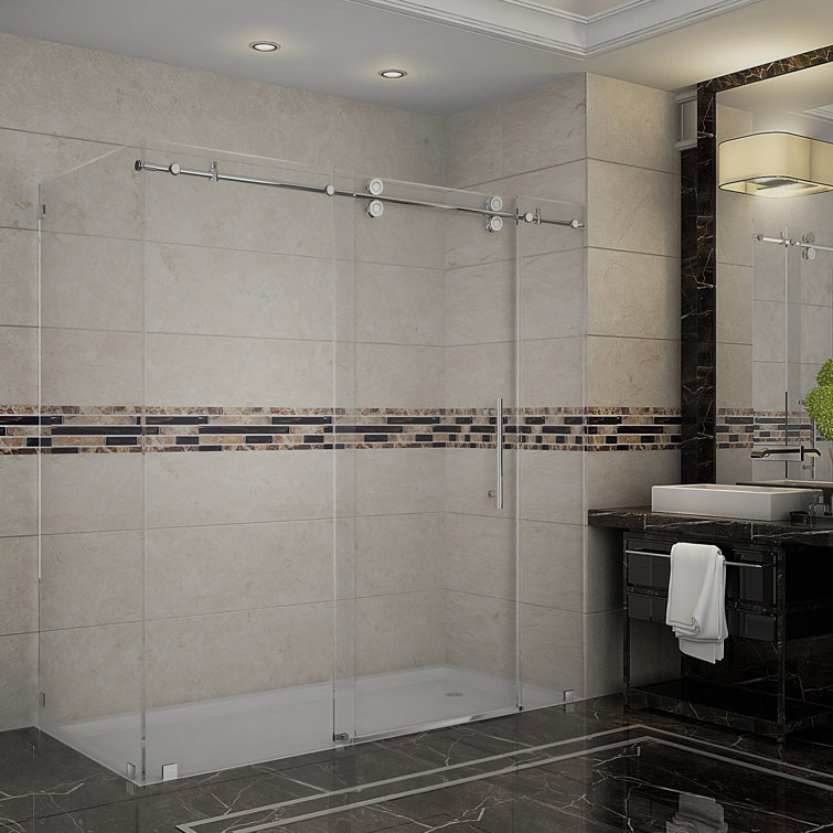 Langham 72" Frameless Clear Glass Sliding Shower Door with Stainless Steel Hardware
