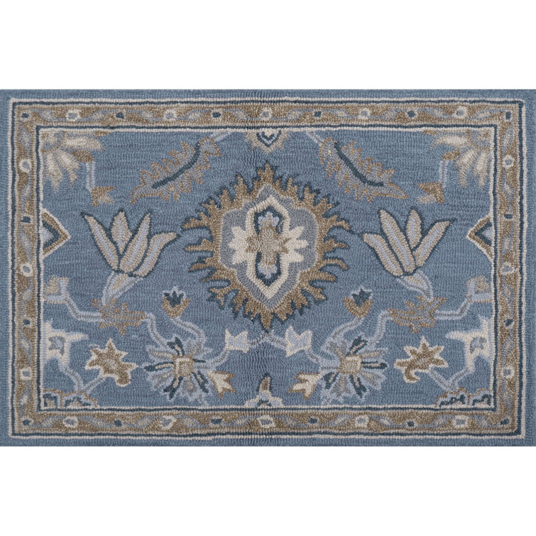 Hand-Tufted Blue Floral Wool Runner Rug with Cotton Backing