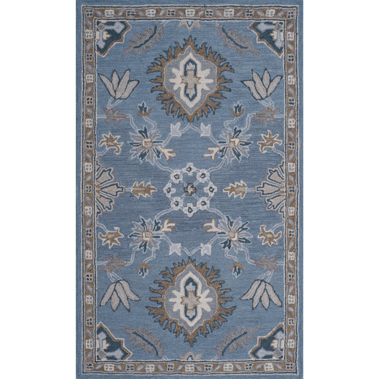 Handmade Blue Wool Floral Tufted Rectangular Rug 2' x 3'