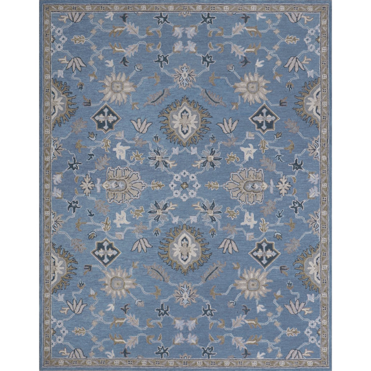 Handmade Blue Wool Floral Runner Rug with Cotton Backing