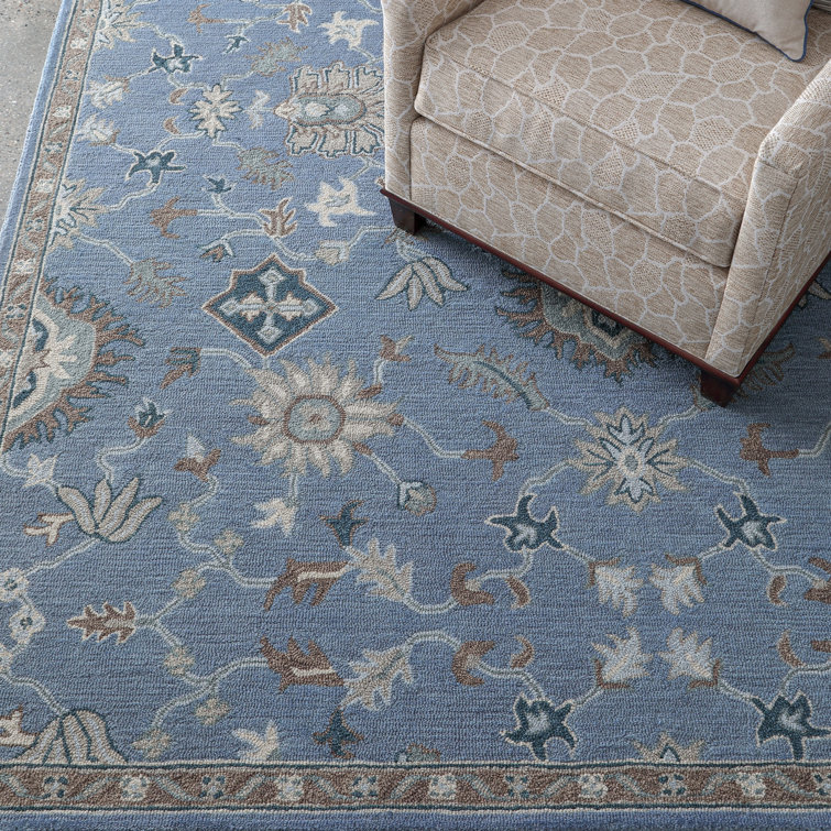 Handmade Blue Wool Floral Runner Rug with Cotton Backing