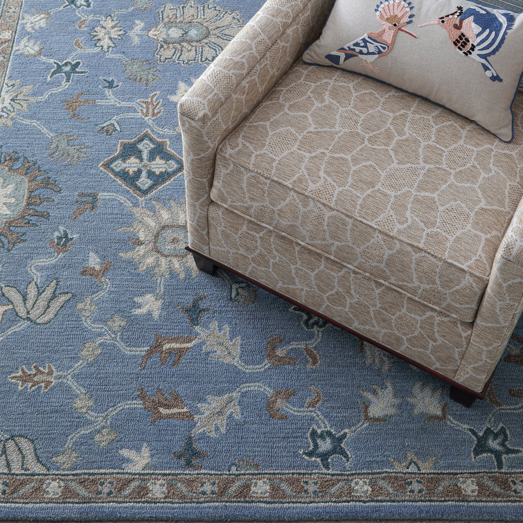 Handmade Blue Wool Floral Runner Rug with Cotton Backing