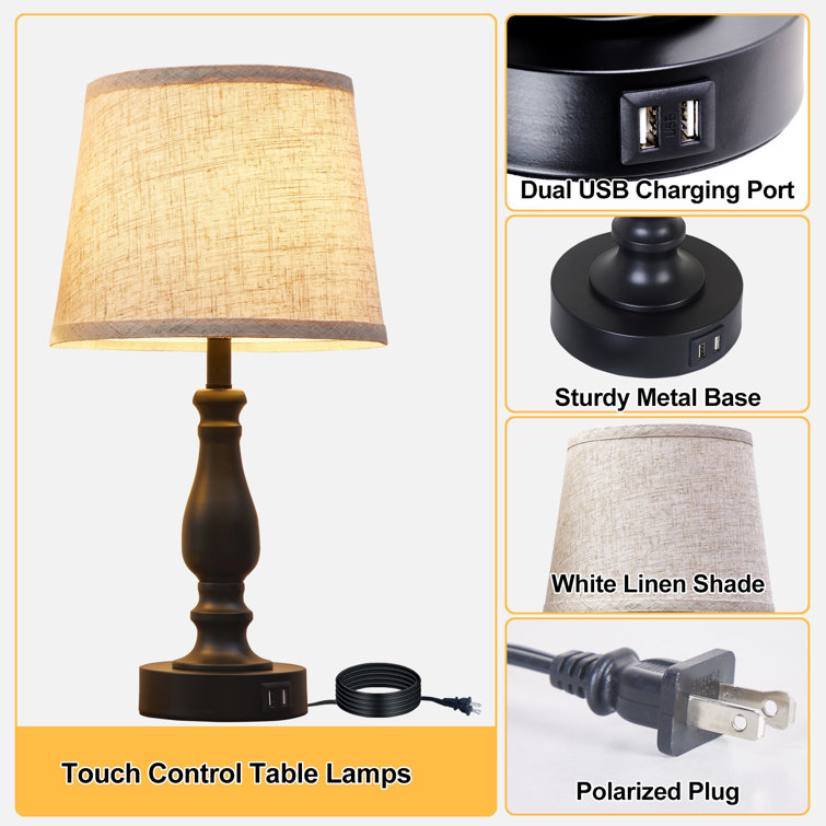 Black and Beige Touch Control Table Lamp Set with USB Ports