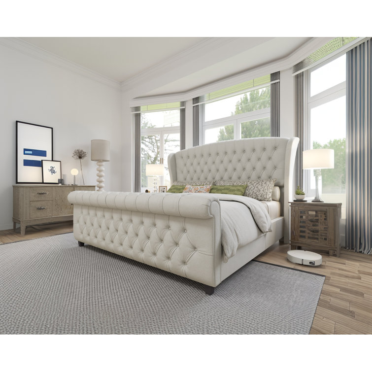 Cream Chenille Upholstered King Sleigh Bed with Tufted Headboard