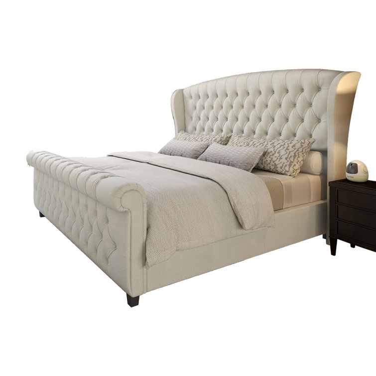 Cream Chenille Upholstered King Sleigh Bed with Tufted Headboard