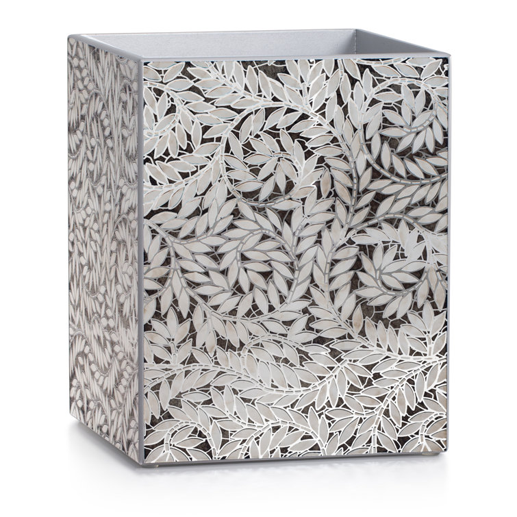 Gray and Silver Hand-Painted Wood Waste Basket