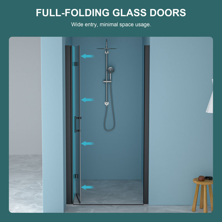 Matte Black Frameless Pivoting Shower Door with Tempered Glass