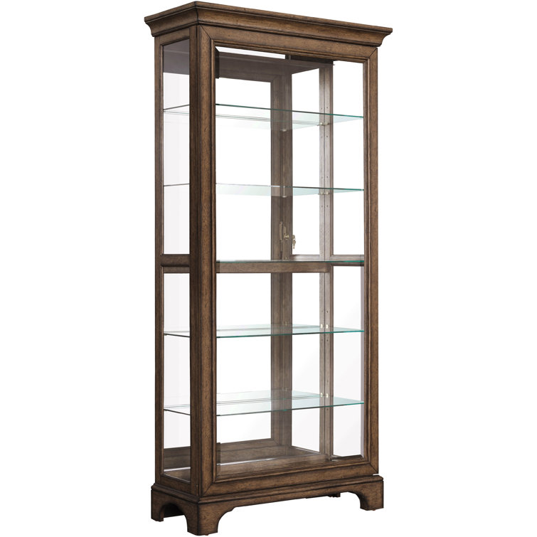 Brown Oak Lighted Curio Cabinet with Glass Shelves