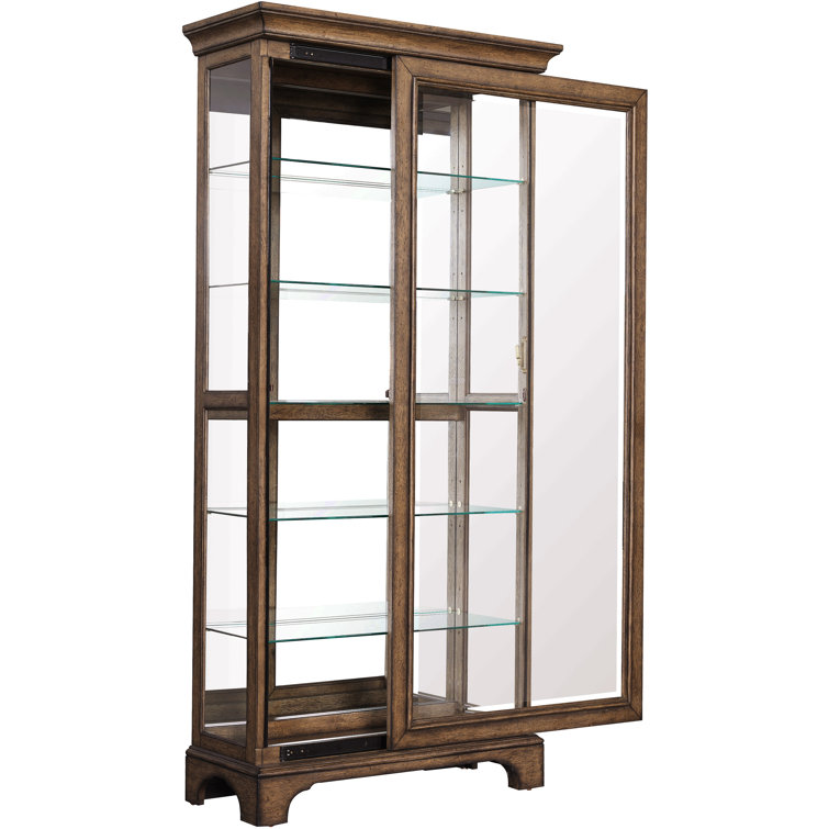 Brown Oak Lighted Curio Cabinet with Glass Shelves